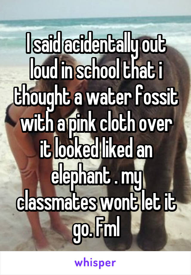 I said acidentally out loud in school that i thought a water fossit with a pink cloth over it looked liked an elephant . my classmates wont let it go. Fml