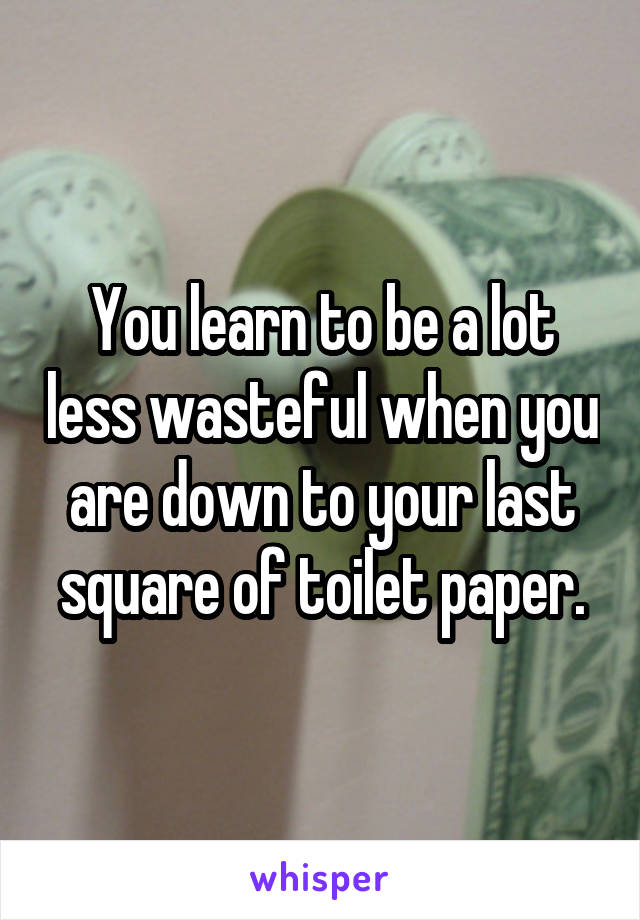 You learn to be a lot less wasteful when you are down to your last square of toilet paper.