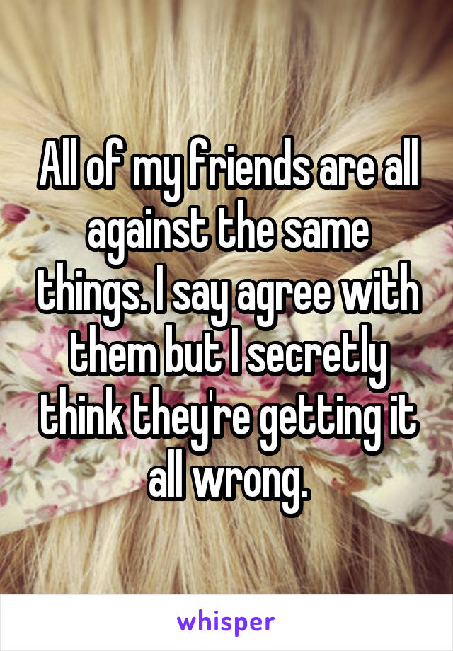 All of my friends are all against the same things. I say agree with them but I secretly think they're getting it all wrong.