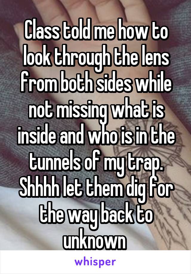 Class told me how to look through the lens from both sides while not missing what is inside and who is in the tunnels of my trap. Shhhh let them dig for the way back to unknown 