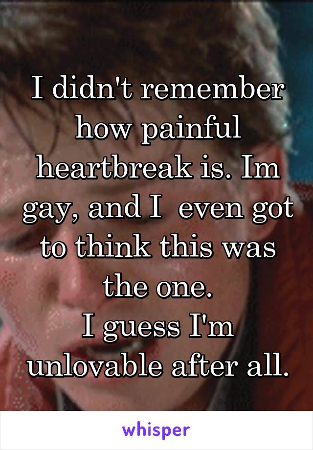 I didn't remember how painful heartbreak is. Im gay, and I  even got to think this was the one.
I guess I'm unlovable after all.