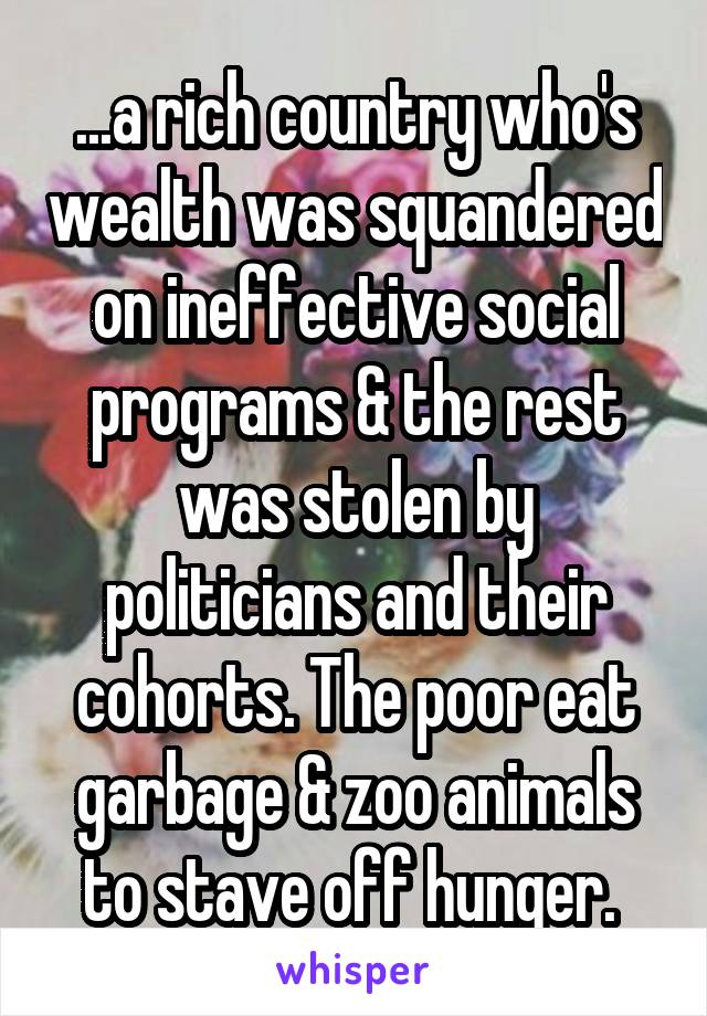 ...a rich country who's wealth was squandered on ineffective social programs & the rest was stolen by politicians and their cohorts. The poor eat garbage & zoo animals to stave off hunger. 