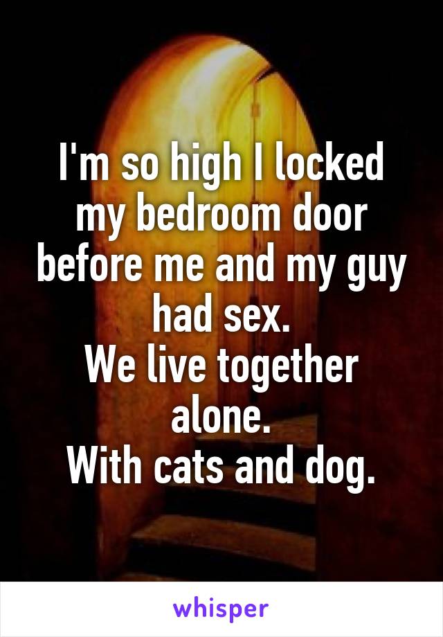 I'm so high I locked my bedroom door before me and my guy had sex.
We live together alone.
With cats and dog.