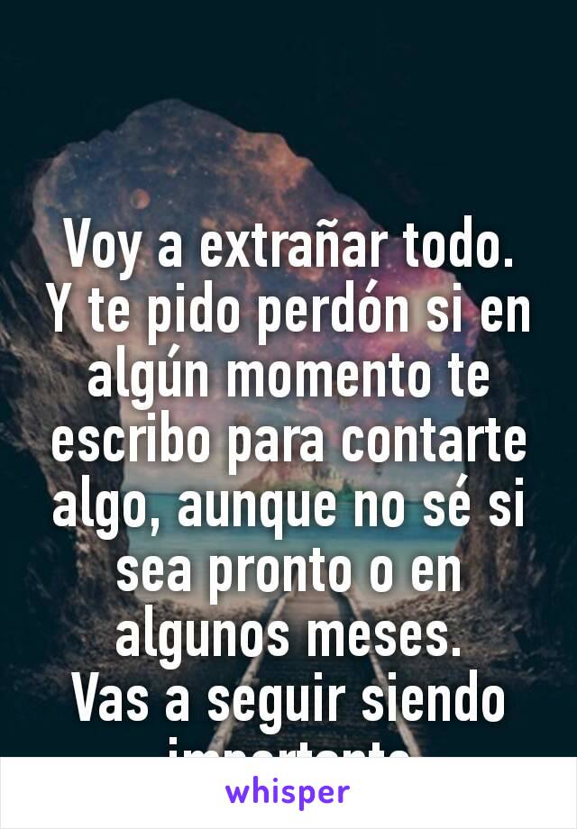 Voy a extrañar todo.
Y te pido perdón si en algún momento te escribo para contarte algo, aunque no sé si sea pronto o en algunos meses.
Vas a seguir siendo importante