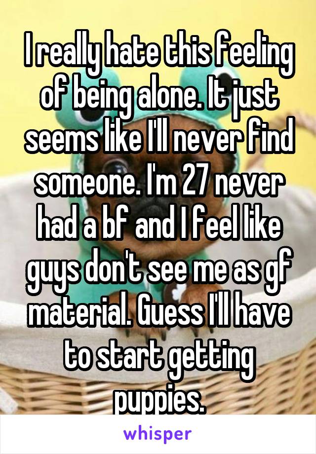 I really hate this feeling of being alone. It just seems like I'll never find someone. I'm 27 never had a bf and I feel like guys don't see me as gf material. Guess I'll have to start getting puppies.