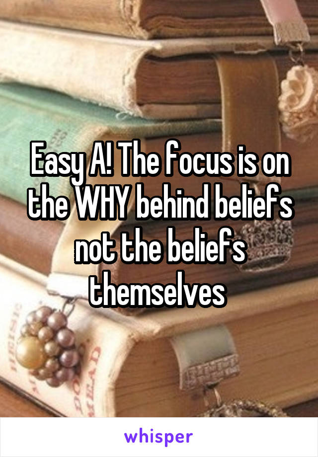 Easy A! The focus is on the WHY behind beliefs not the beliefs themselves 