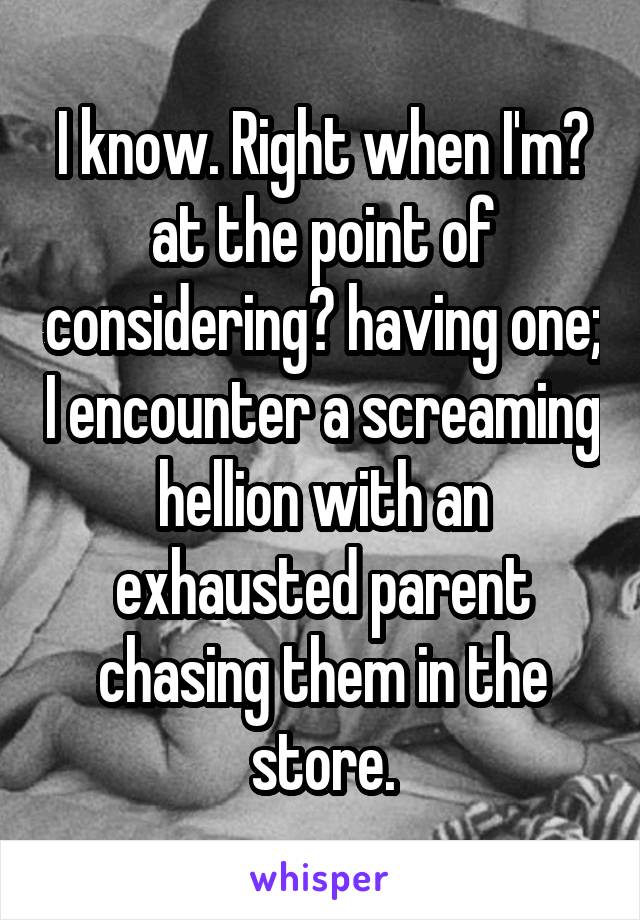I know. Right when I'm​ at the point of considering​ having one; I encounter a screaming hellion with an exhausted parent chasing them in the store.
