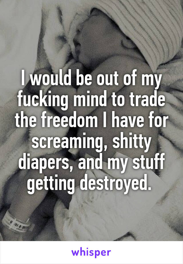 I would be out of my fucking mind to trade the freedom I have for screaming, shitty diapers, and my stuff getting destroyed. 