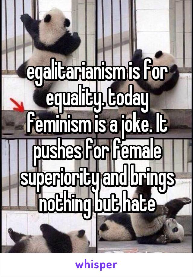 egalitarianism is for equality. today feminism is a joke. It pushes for female superiority and brings nothing but hate
