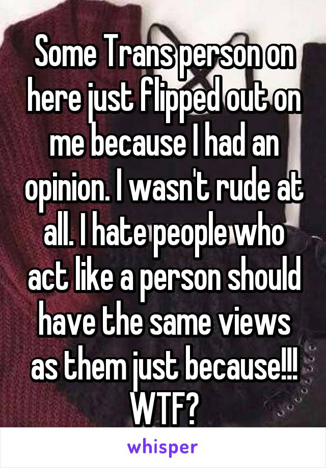 Some Trans person on here just flipped out on me because I had an opinion. I wasn't rude at all. I hate people who act like a person should have the same views as them just because!!! WTF?