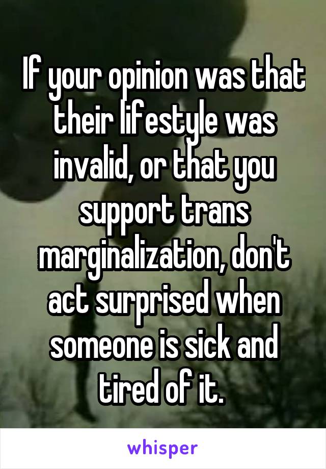 If your opinion was that their lifestyle was invalid, or that you support trans marginalization, don't act surprised when someone is sick and tired of it. 