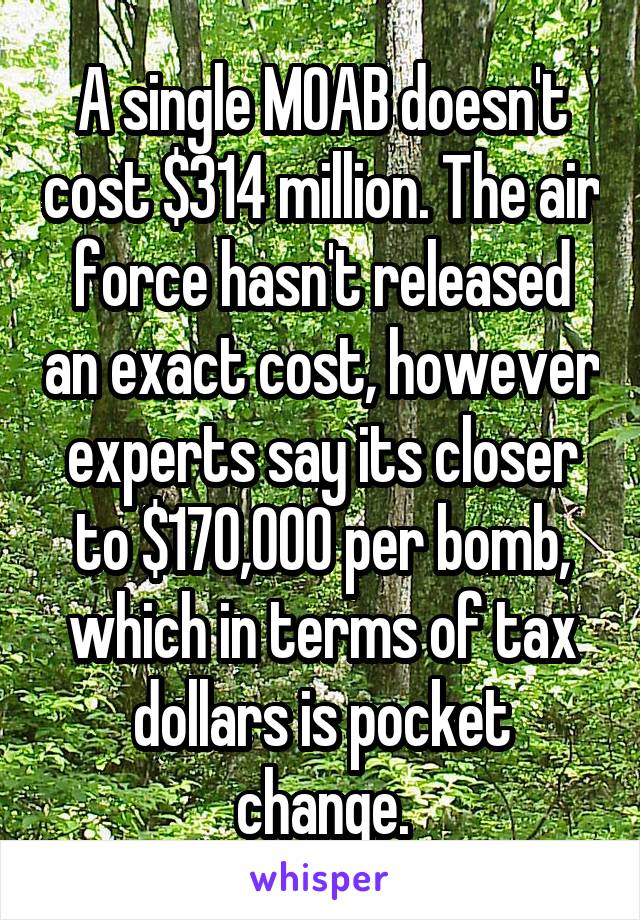A single MOAB doesn't cost $314 million. The air force hasn't released an exact cost, however experts say its closer to $170,000 per bomb, which in terms of tax dollars is pocket change.