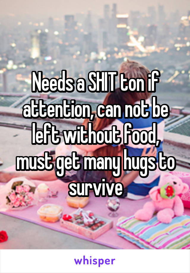 Needs a SHIT ton if attention, can not be left without food, must get many hugs to survive