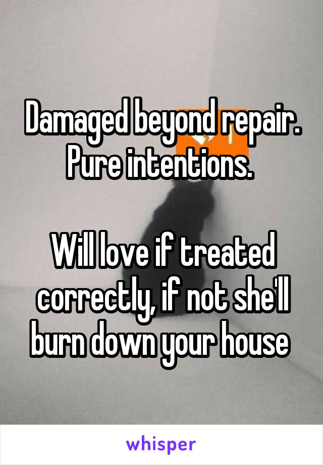 Damaged beyond repair. Pure intentions. 

Will love if treated correctly, if not she'll burn down your house 