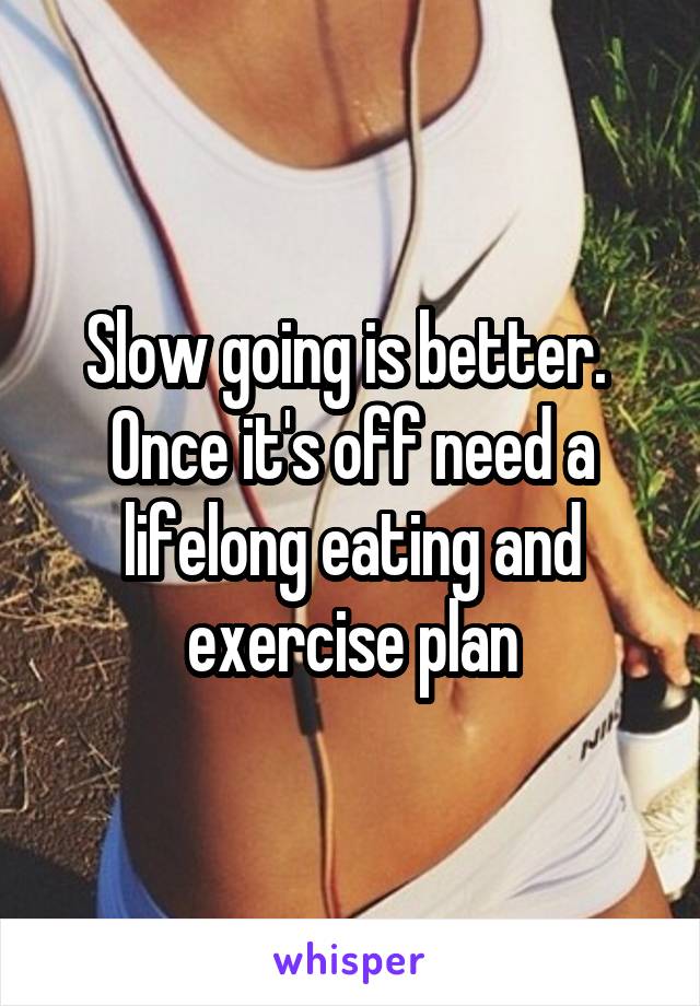 Slow going is better.  Once it's off need a lifelong eating and exercise plan