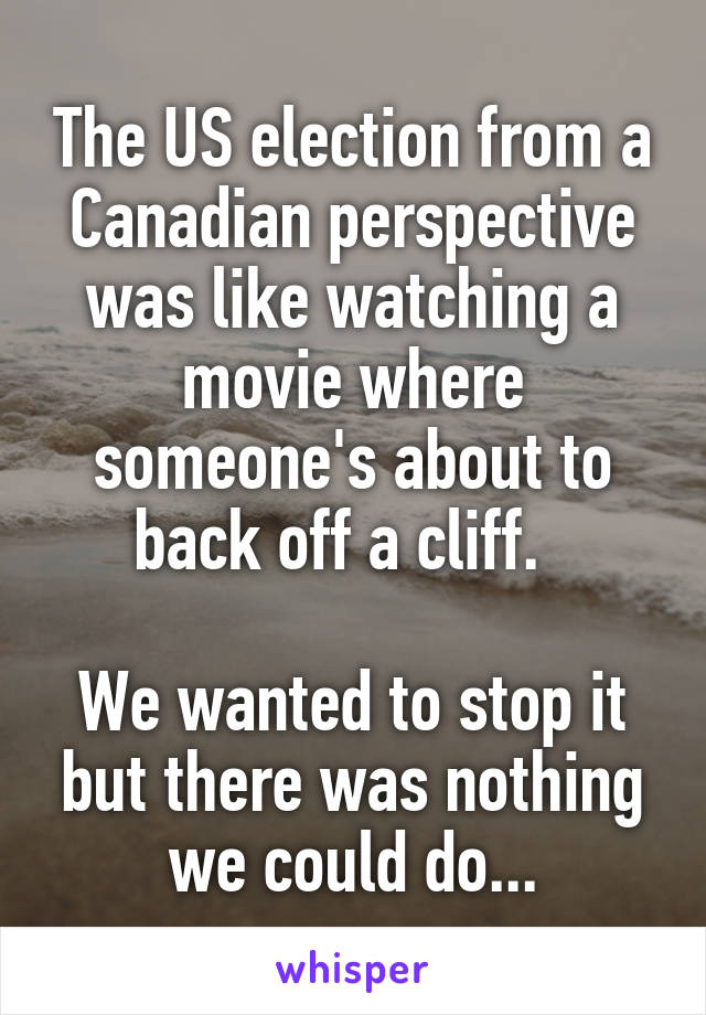The US election from a Canadian perspective was like watching a movie where someone's about to back off a cliff.  

We wanted to stop it but there was nothing we could do...