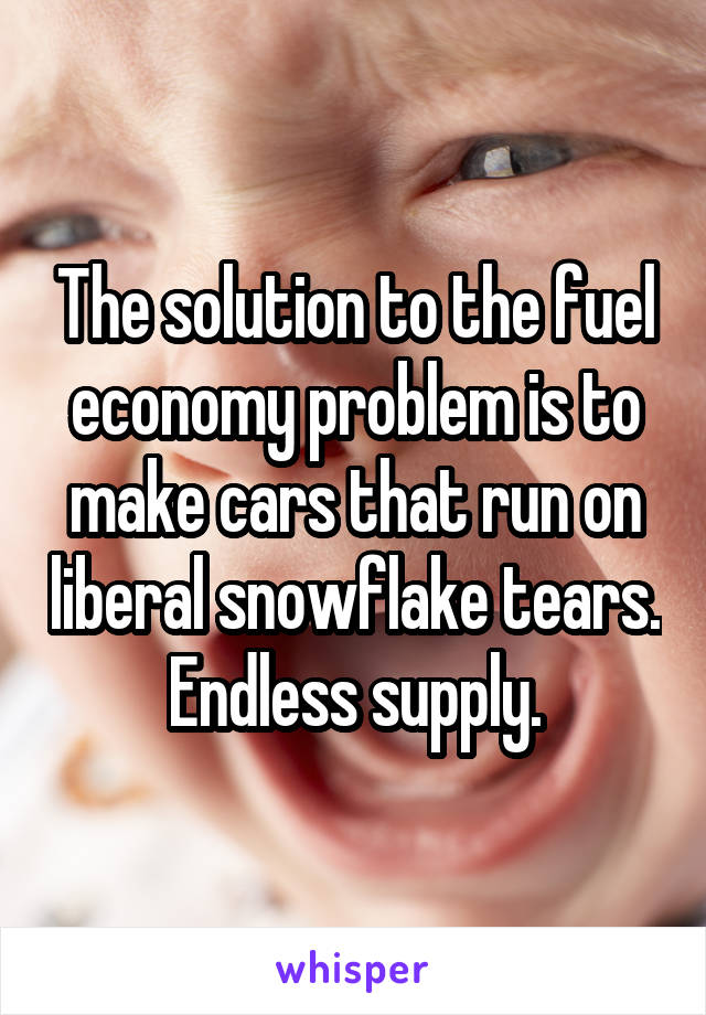 The solution to the fuel economy problem is to make cars that run on liberal snowflake tears.
Endless supply.