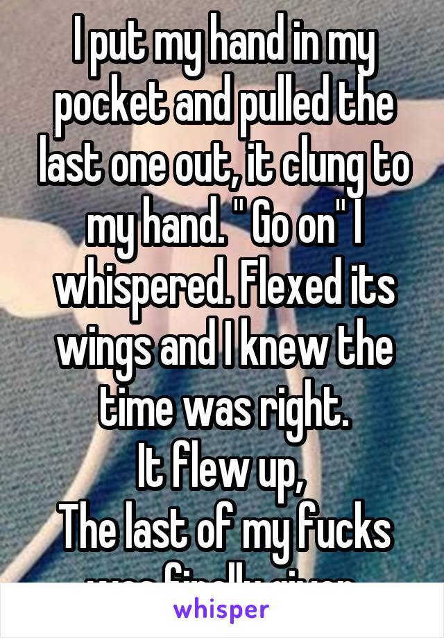  I put my hand in my pocket and pulled the last one out, it clung to my hand. " Go on" I whispered. Flexed its wings and I knew the time was right.
It flew up, 
The last of my fucks was finally given.