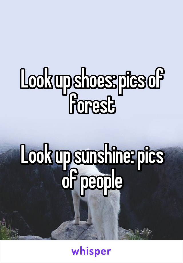 Look up shoes: pics of forest

Look up sunshine: pics of people