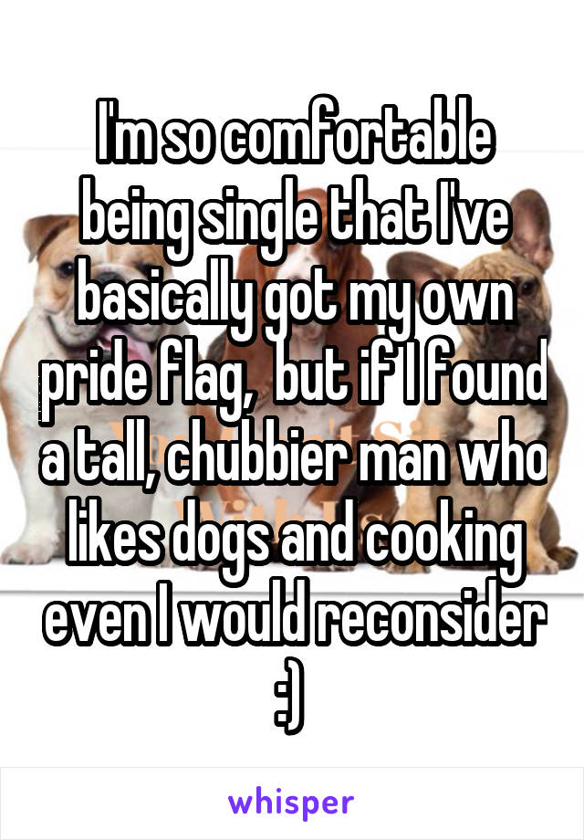 I'm so comfortable being single that I've basically got my own pride flag,  but if I found a tall, chubbier man who likes dogs and cooking even I would reconsider :) 