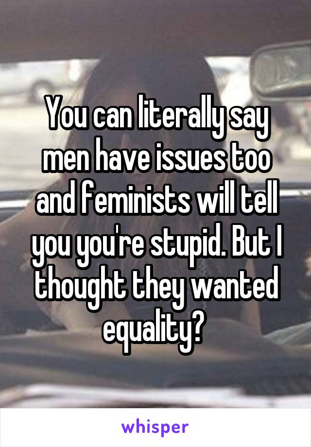 You can literally say men have issues too and feminists will tell you you're stupid. But I thought they wanted equality? 