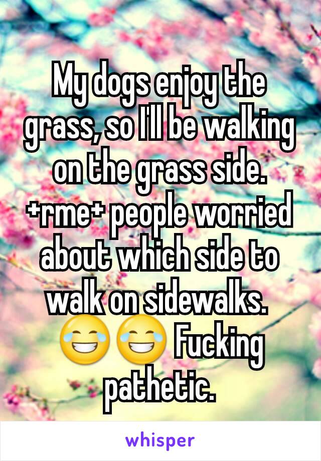 My dogs enjoy the grass, so I'll be walking on the grass side.
+rme+ people worried about which side to walk on sidewalks. 
😂😂 Fucking pathetic.