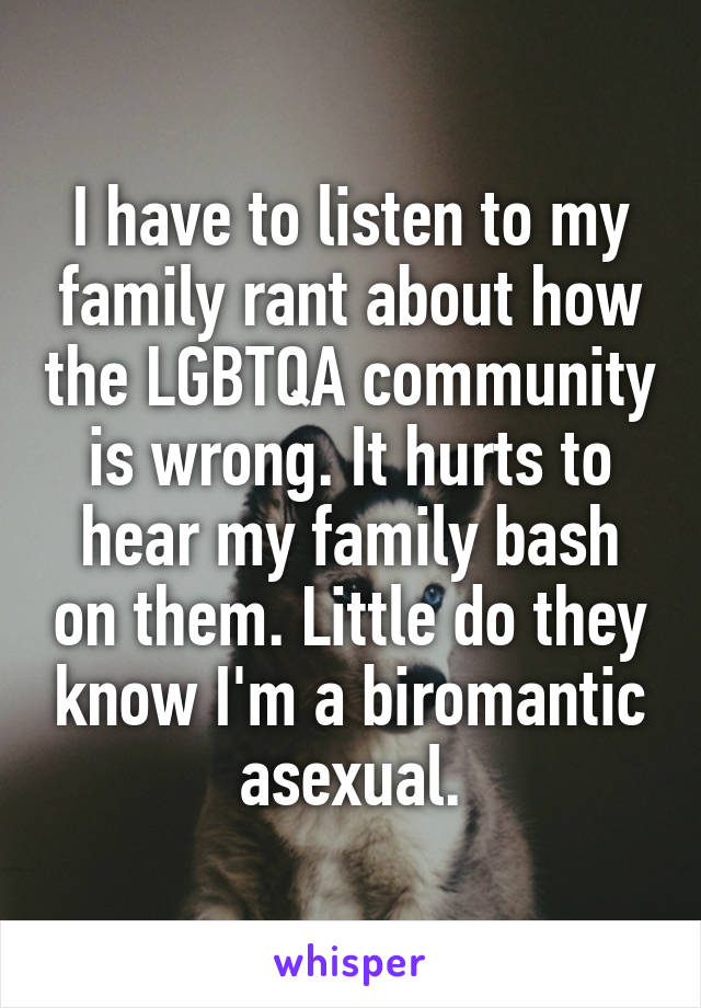 I have to listen to my family rant about how the LGBTQA community is wrong. It hurts to hear my family bash on them. Little do they know I'm a biromantic asexual.