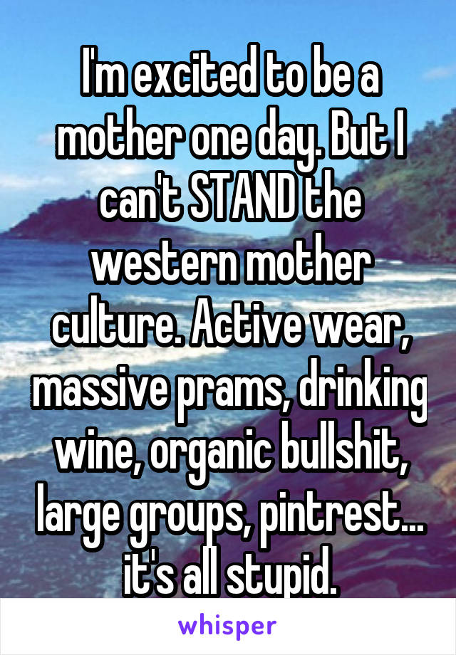 I'm excited to be a mother one day. But I can't STAND the western mother culture. Active wear, massive prams, drinking wine, organic bullshit, large groups, pintrest... it's all stupid.