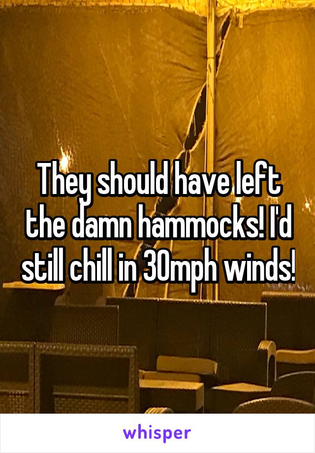 They should have left the damn hammocks! I'd still chill in 30mph winds!