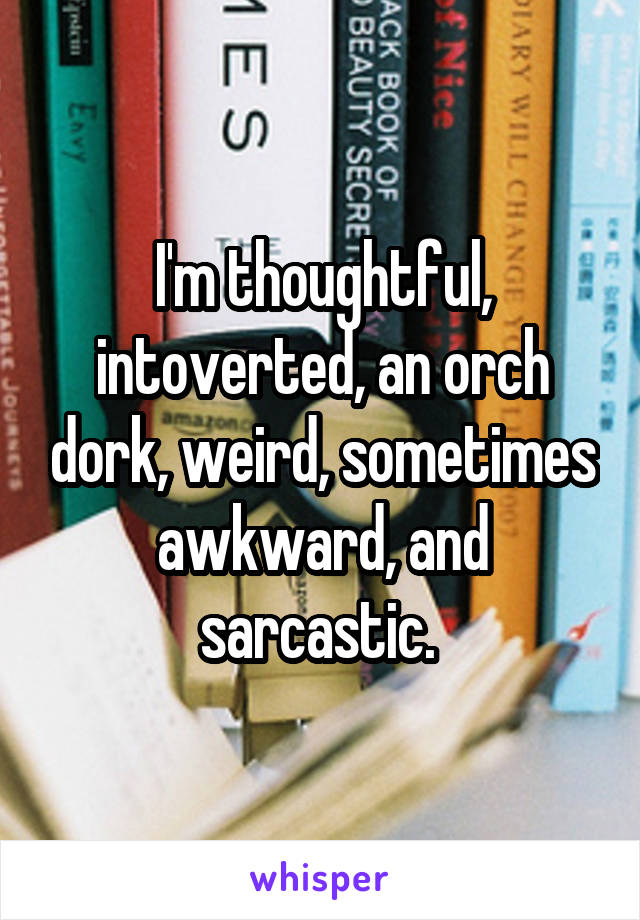 I'm thoughtful, intoverted, an orch dork, weird, sometimes awkward, and sarcastic. 