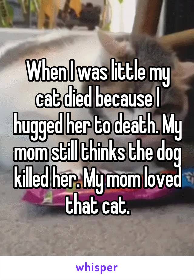When I was little my cat died because I hugged her to death. My mom still thinks the dog killed her. My mom loved that cat.