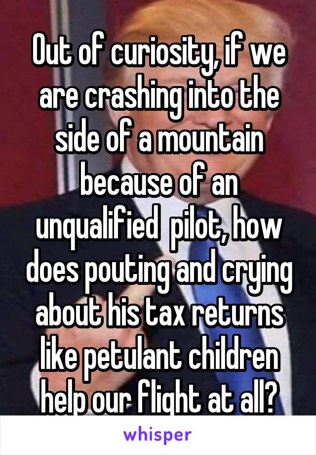 Out of curiosity, if we are crashing into the side of a mountain because of an unqualified  pilot, how does pouting and crying about his tax returns like petulant children help our flight at all?