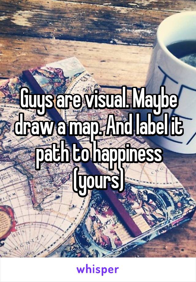 Guys are visual. Maybe draw a map. And label it path to happiness (yours)