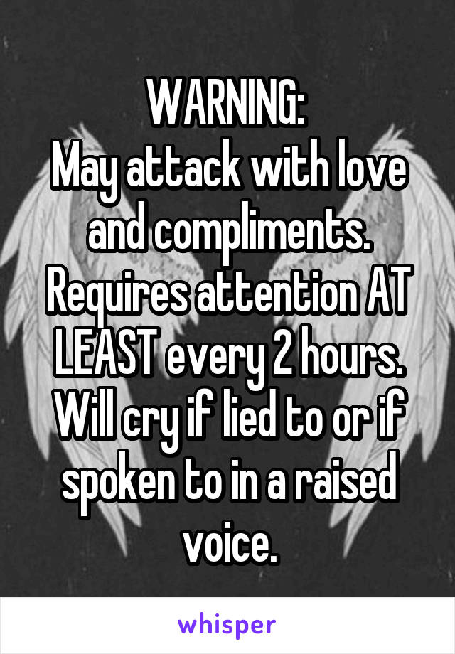 WARNING: 
May attack with love and compliments. Requires attention AT LEAST every 2 hours. Will cry if lied to or if spoken to in a raised voice.