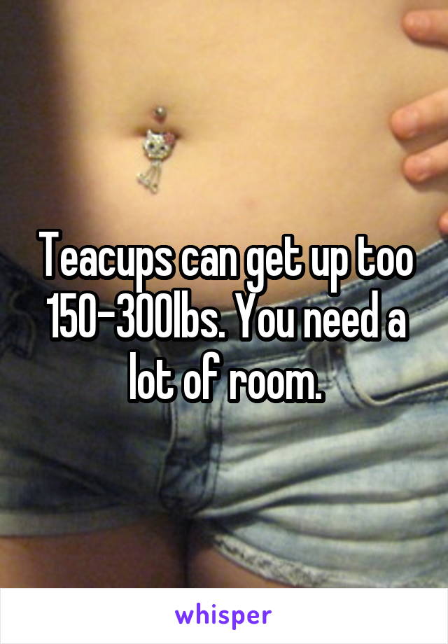 Teacups can get up too 150-300lbs. You need a lot of room.