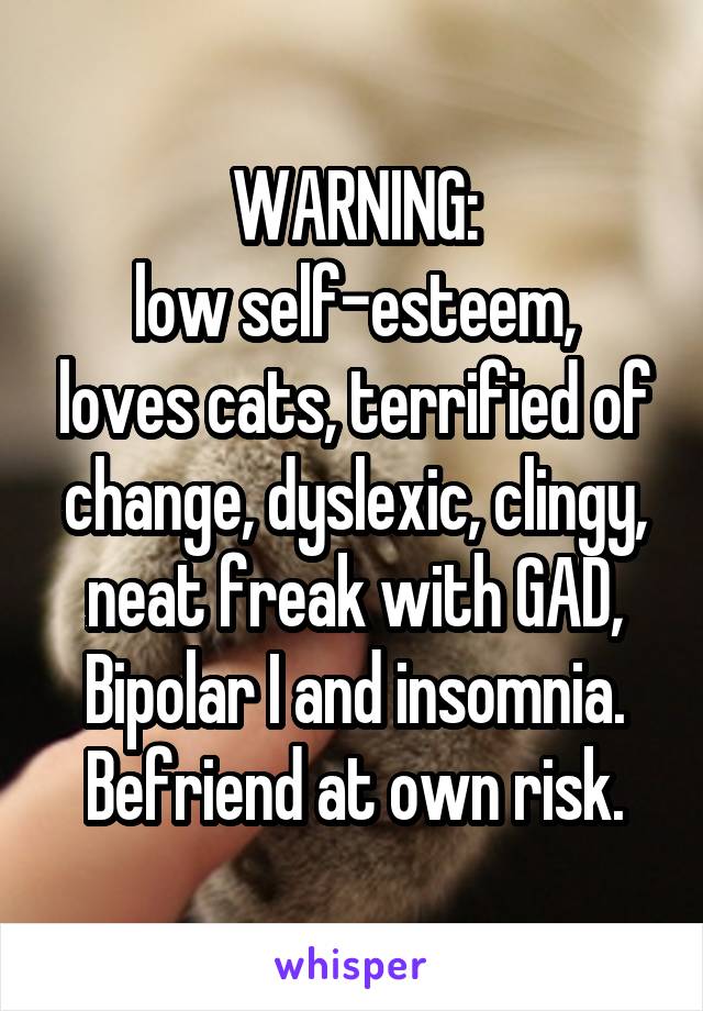 WARNING:
low self-esteem, loves cats, terrified of change, dyslexic, clingy, neat freak with GAD, Bipolar I and insomnia. Befriend at own risk.