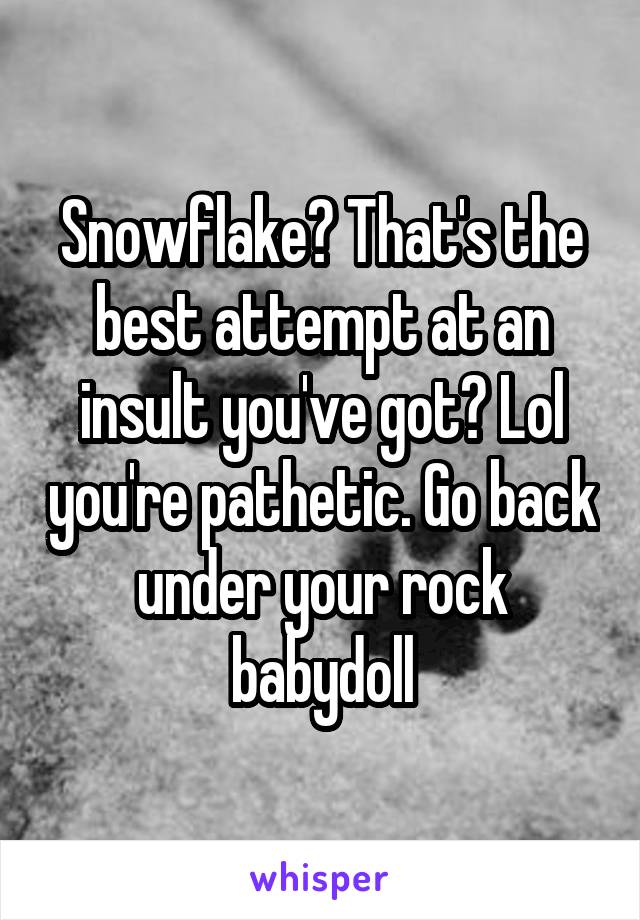 Snowflake? That's the best attempt at an insult you've got? Lol you're pathetic. Go back under your rock babydoll