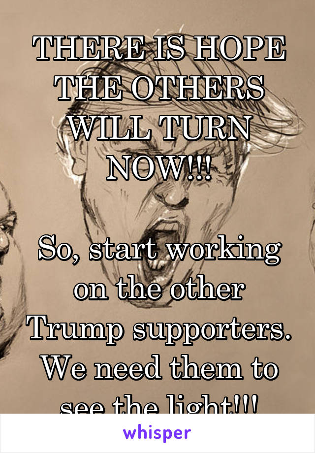 THERE IS HOPE THE OTHERS WILL TURN NOW!!!

So, start working on the other Trump supporters. We need them to see the light!!!