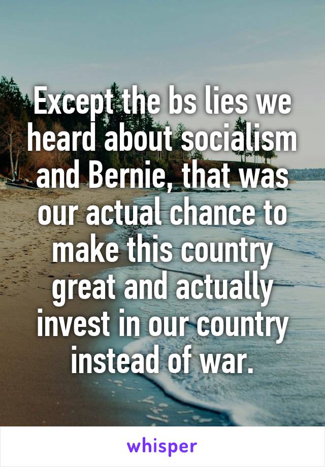 Except the bs lies we heard about socialism and Bernie, that was our actual chance to make this country great and actually invest in our country instead of war.