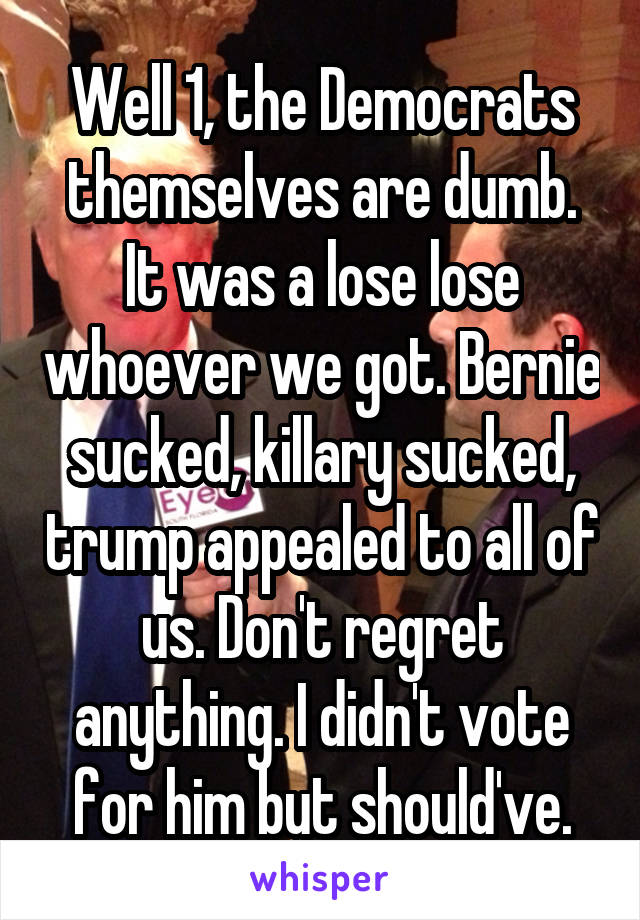 Well 1, the Democrats themselves are dumb. It was a lose lose whoever we got. Bernie sucked, killary sucked, trump appealed to all of us. Don't regret anything. I didn't vote for him but should've.