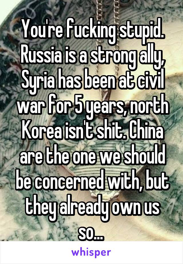 You're fucking stupid. Russia is a strong ally, Syria has been at civil war for 5 years, north Korea isn't shit. China are the one we should be concerned with, but they already own us so... 