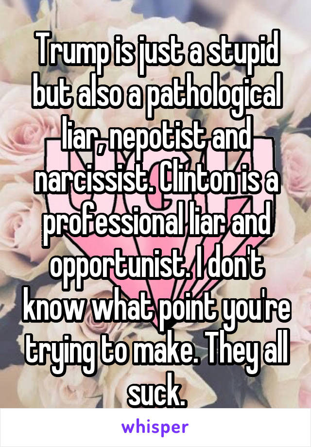 Trump is just a stupid but also a pathological liar, nepotist and narcissist. Clinton is a professional liar and opportunist. I don't know what point you're trying to make. They all suck.