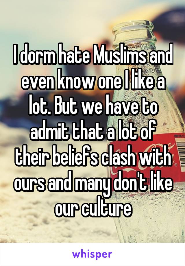 I dorm hate Muslims and even know one I like a lot. But we have to admit that a lot of their beliefs clash with ours and many don't like our culture