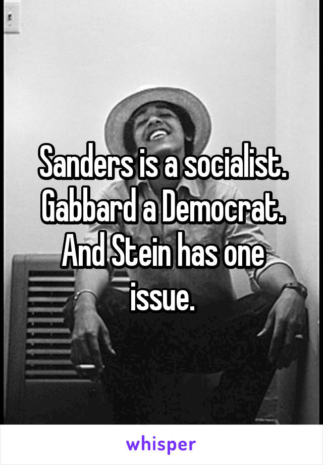 Sanders is a socialist. Gabbard a Democrat.
And Stein has one issue.