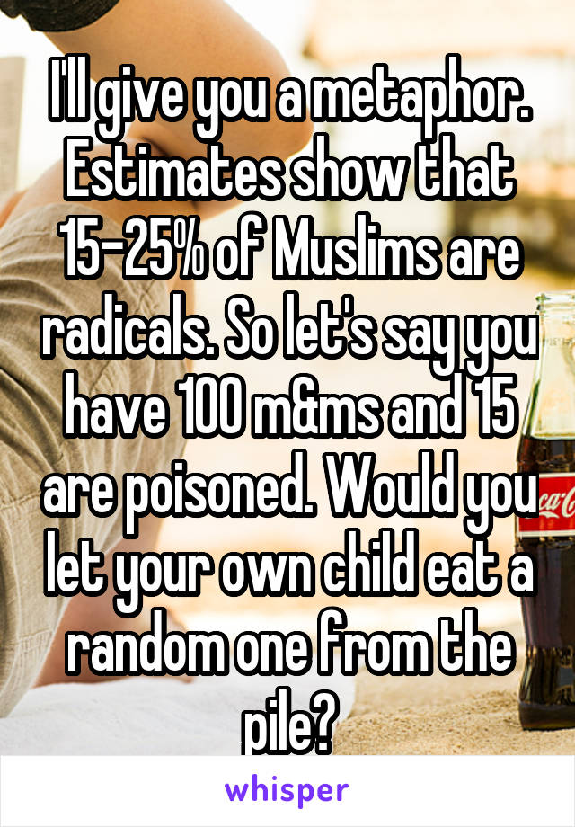 I'll give you a metaphor. Estimates show that 15-25% of Muslims are radicals. So let's say you have 100 m&ms and 15 are poisoned. Would you let your own child eat a random one from the pile?