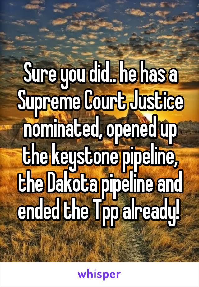 Sure you did.. he has a Supreme Court Justice nominated, opened up the keystone pipeline, the Dakota pipeline and ended the Tpp already! 