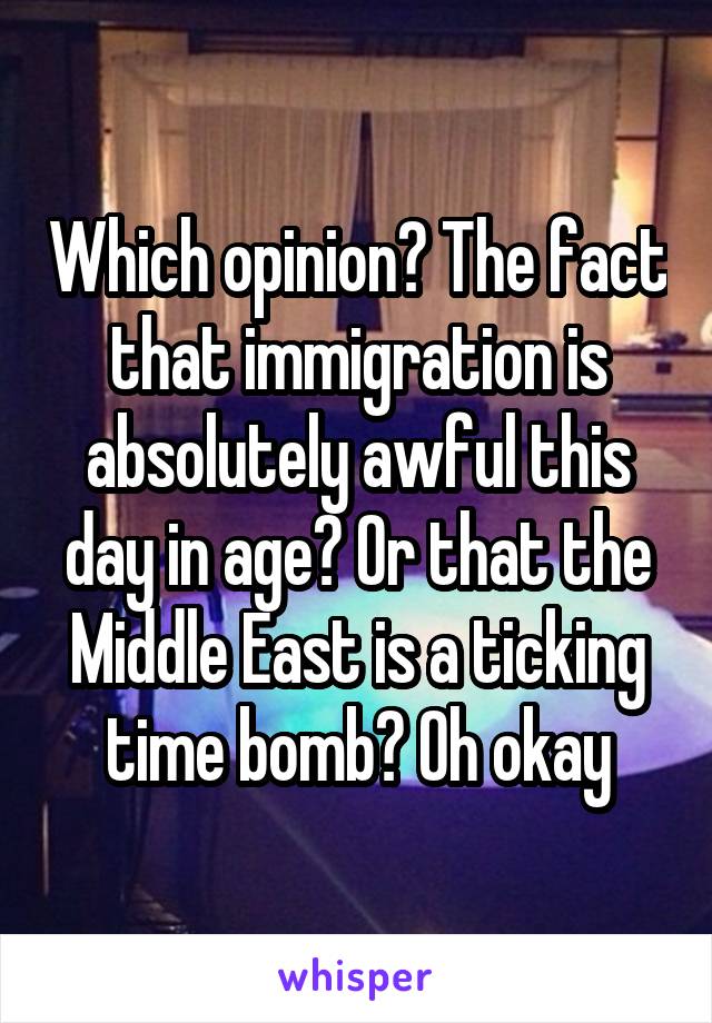 Which opinion? The fact that immigration is absolutely awful this day in age? Or that the Middle East is a ticking time bomb? Oh okay