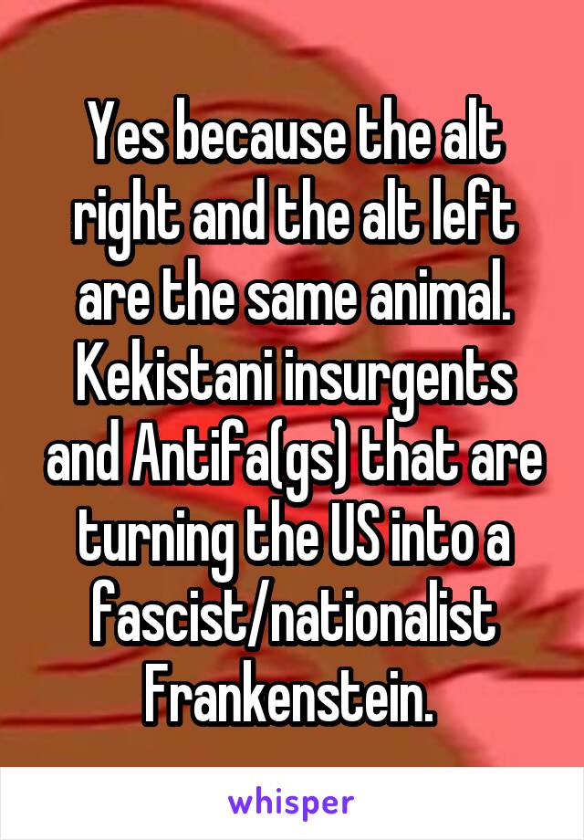 Yes because the alt right and the alt left are the same animal. Kekistani insurgents and Antifa(gs) that are turning the US into a fascist/nationalist Frankenstein. 