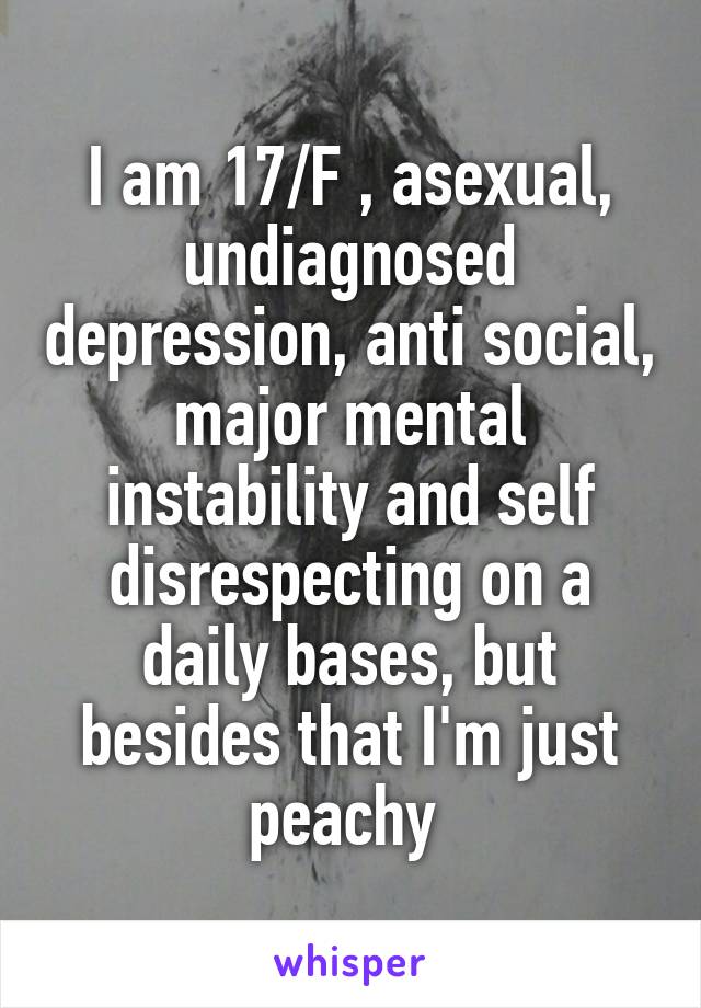 I am 17/F , asexual, undiagnosed depression, anti social, major mental instability and self disrespecting on a daily bases, but besides that I'm just peachy 