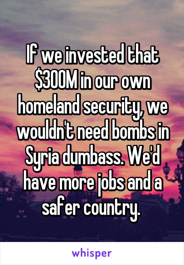 If we invested that $300M in our own homeland security, we wouldn't need bombs in Syria dumbass. We'd have more jobs and a safer country. 